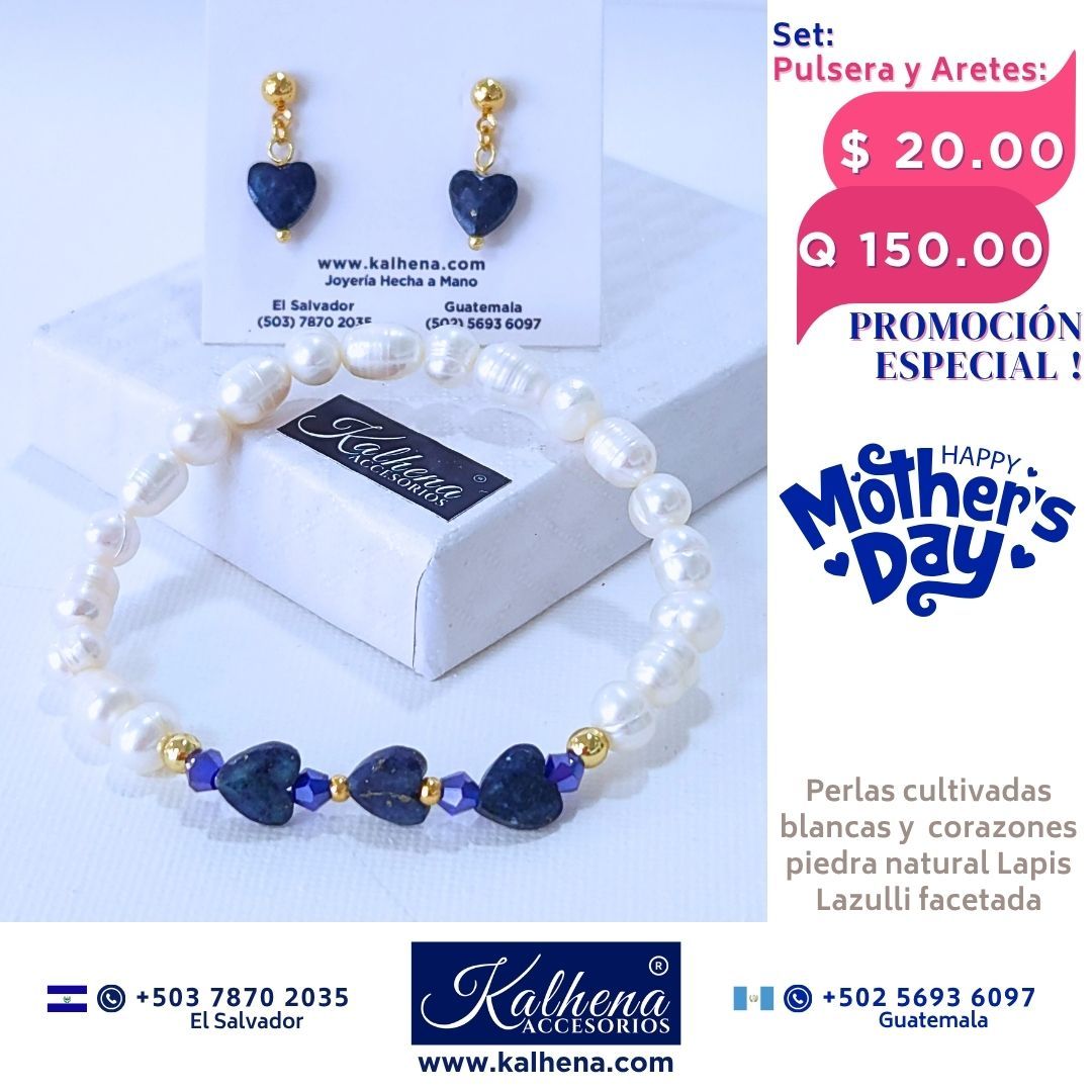 Promoción:  Pulsera y Aretes corazones en piedra facetada con perlas cultivadas