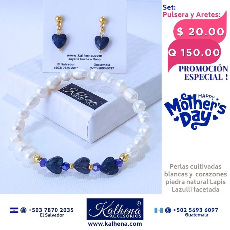 Promoción:  Pulsera y Aretes corazones en piedra facetada con perlas cultivadas