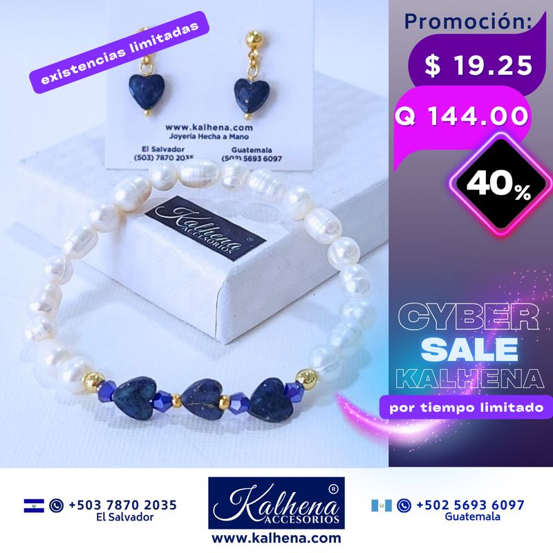 Promoción:  Pulsera y Aretes corazones en piedra facetada con perlas cultivadas