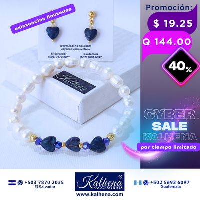Promoción:  Pulsera y Aretes corazones en piedra facetada con perlas cultivadas