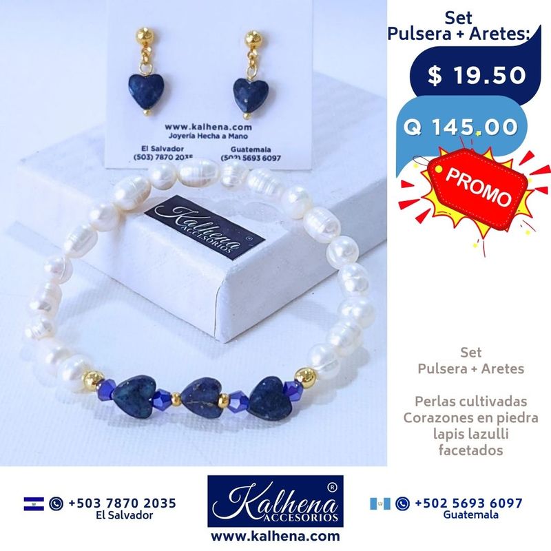 Promoción:  Pulsera y Aretes corazones en piedra facetada con perlas cultivadas
