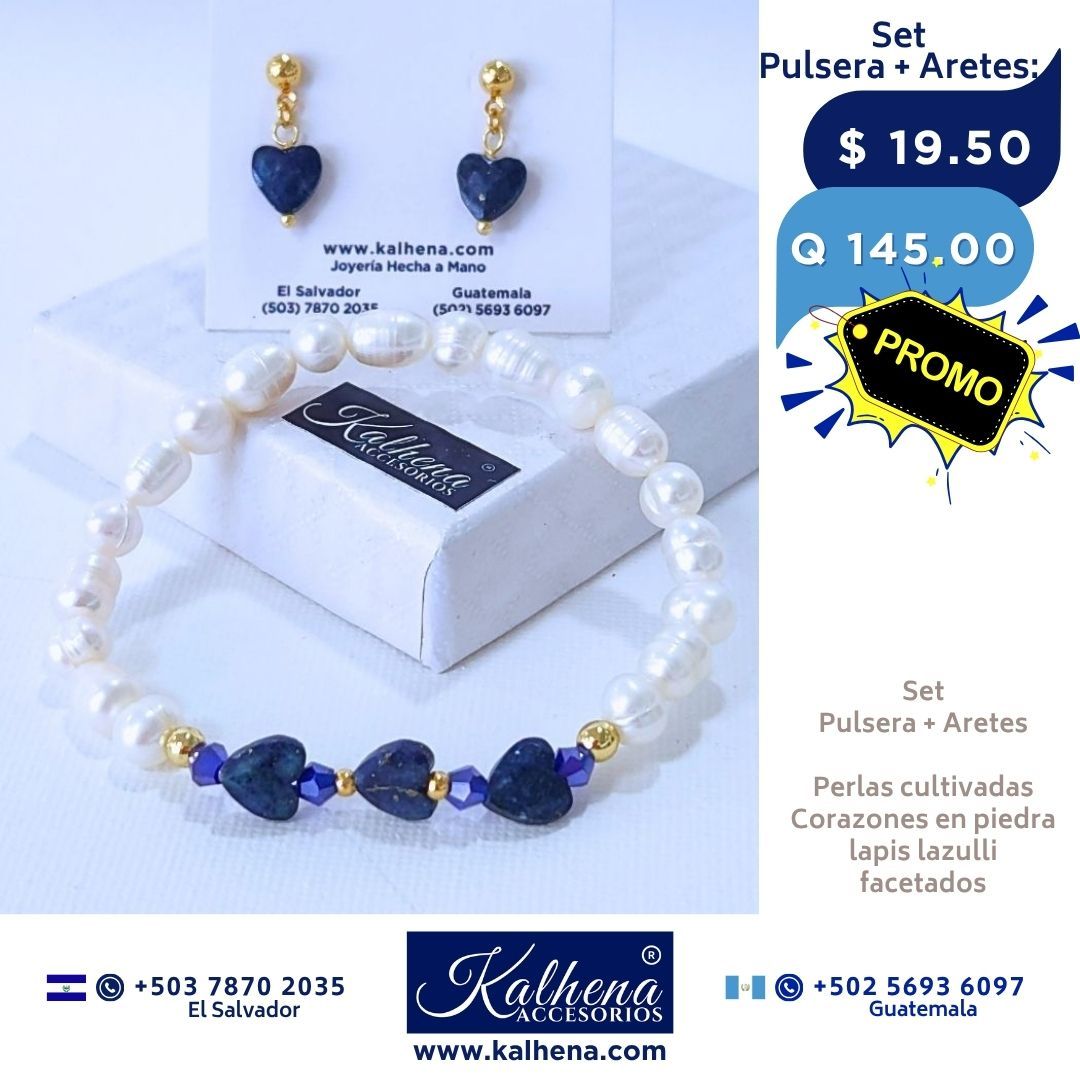 Promoción:  Pulsera y Aretes corazones en piedra facetada con perlas cultivadas