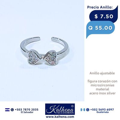 Anillo ajustable con figura corazón doble y microzirconias