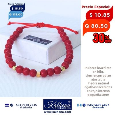 Pulsera brazalete hilo, piedra natural ágathas facetadas rojo intenso detalles oro laminado
