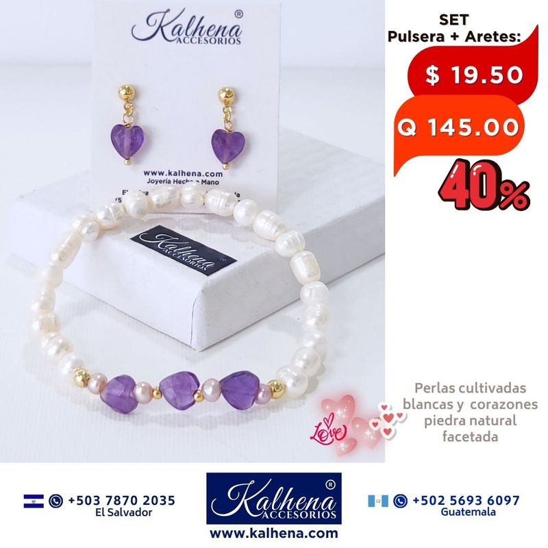 SET Pulsera y Aretes corazones en piedra facetada con perlas cultivadas