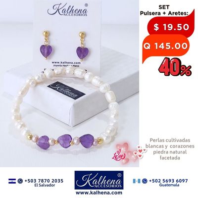 SET Pulsera y Aretes corazones en piedra facetada con perlas cultivadas