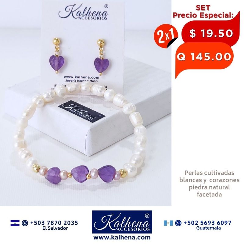 2x1 Pulsera y Aretes corazones en piedra facetada con perlas cultivadas