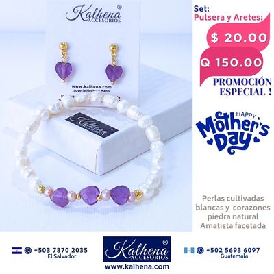 Promoción:  Pulsera y Aretes corazones en piedra facetada con perlas cultivadas