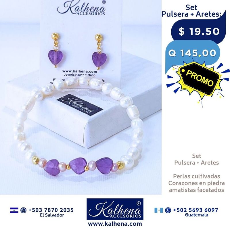 Promoción:  Pulsera y Aretes corazones en piedra facetada con perlas cultivadas