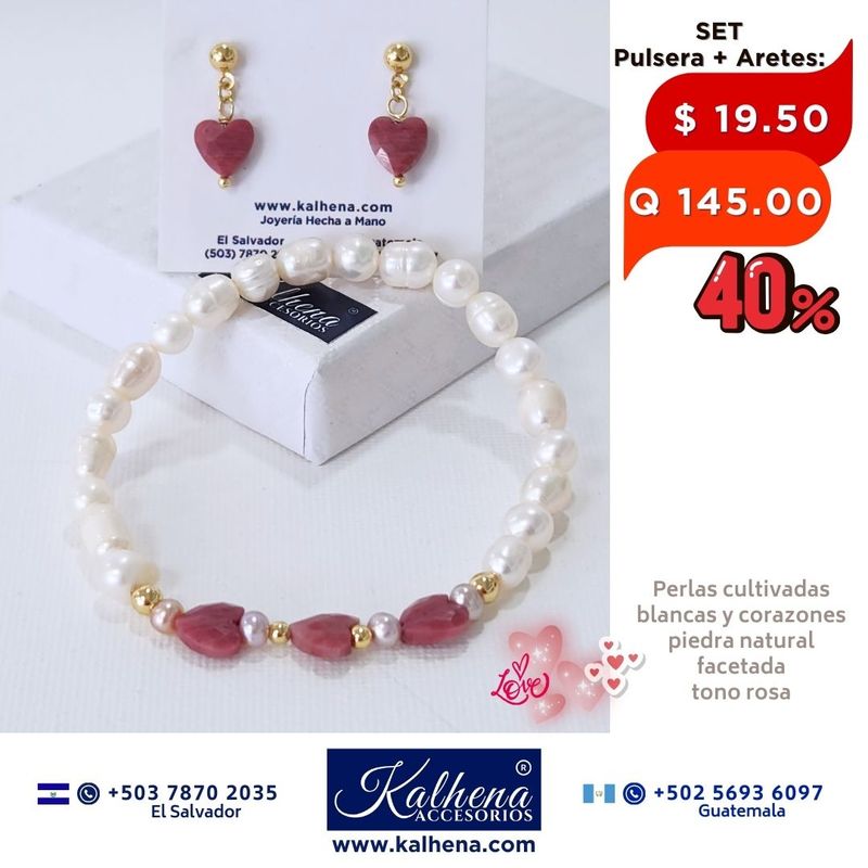 SET Pulsera y Aretes corazones en piedra facetada y perlas cultivadas Jaspe rosa