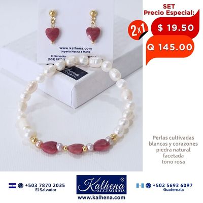 2x1 Pulsera y Aretes corazones en piedra facetada y perlas cultivadas Jaspe rosa