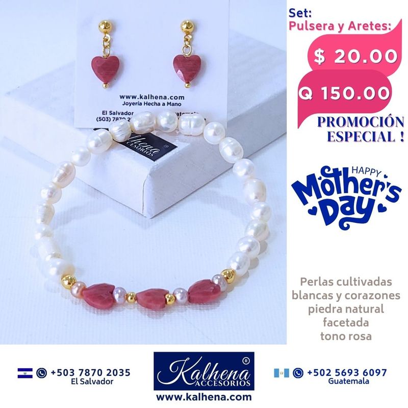 Promoción: Pulsera y Aretes corazones en piedra facetada y perlas cultivadas Jaspe rosa