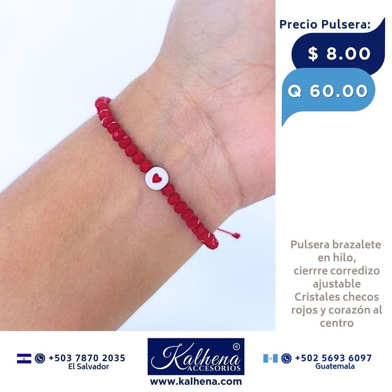 Pulsera brazalete hilo, cristales checos rojo intenso y corazón al centro