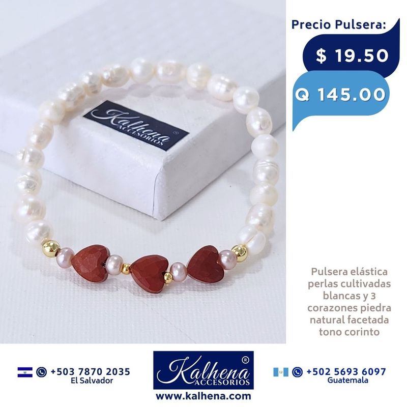 Pulsera corazones en piedra facetada con perlas cultivadas Jaspe corinto Pulsera corazones en piedra facetada con perlas cultivadas Jaspe corinto