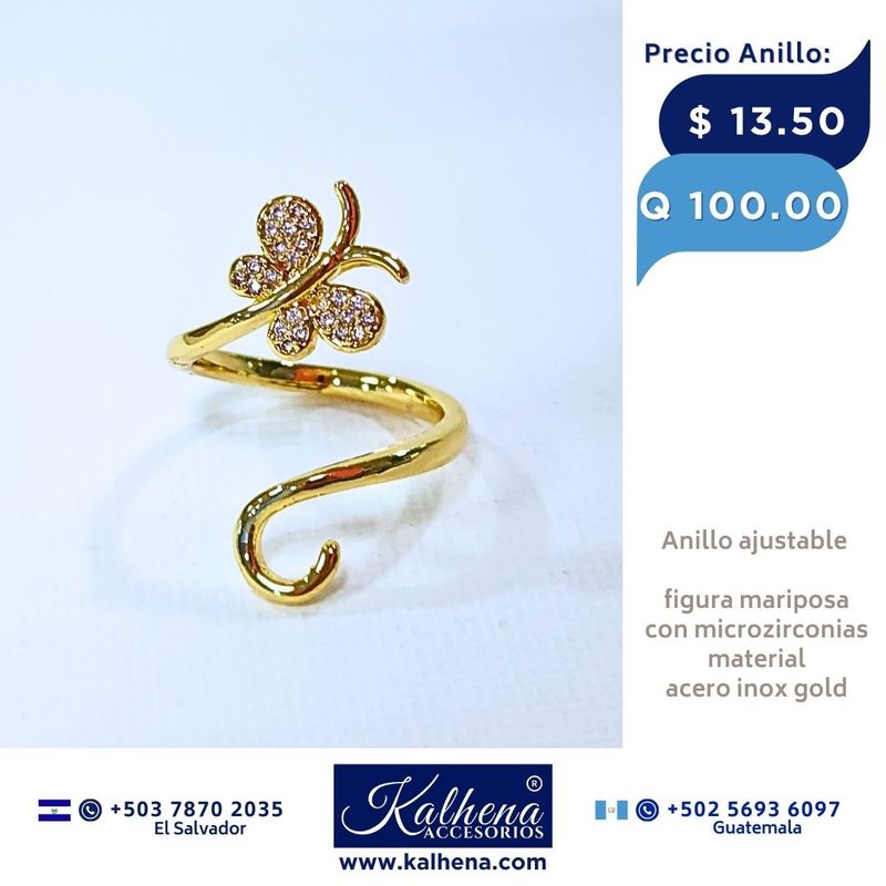 Anillo ajustable figura mariposa en acero inox gold con microzirconias