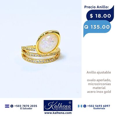Anillo ajustable ovalo aperlado en acero inox gold con microzirconias