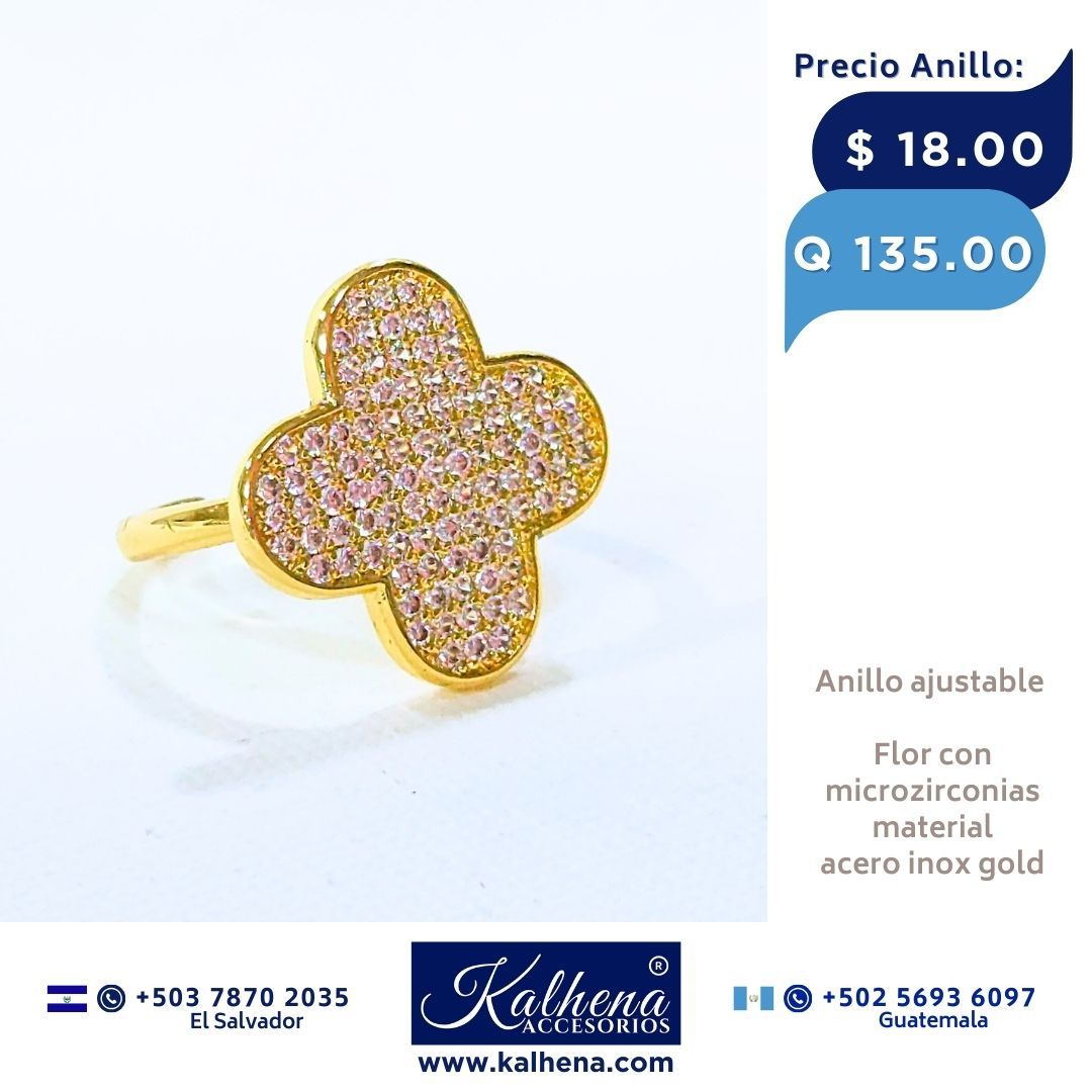 Anillo ajustable figura Flor en acero inox gold con microzirconias