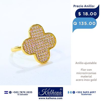 Anillo ajustable figura Flor en acero inox gold con microzirconias