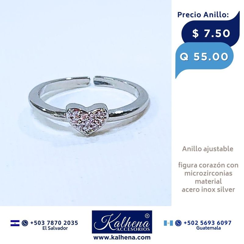 Anillo ajustable con figura corazón y microzirconias