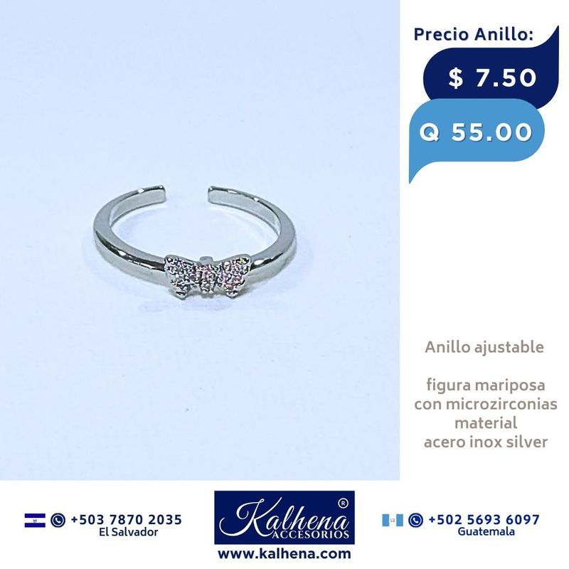 Anillo ajustable figura mariposa en acero inox silver y microzirconias