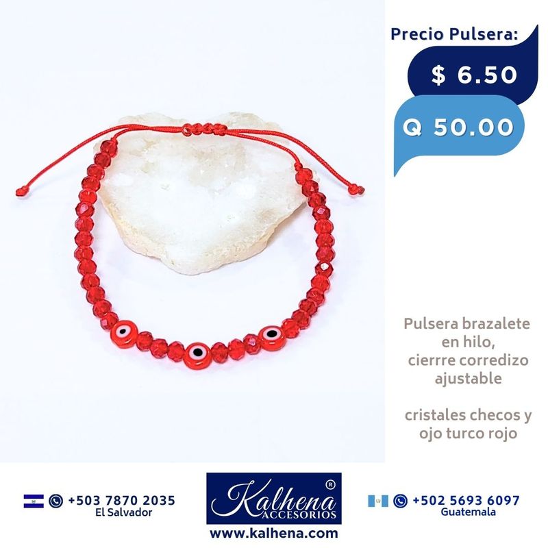 Pulsera brazalete hilo, cristales checos rojo intenso ojo turco rojo