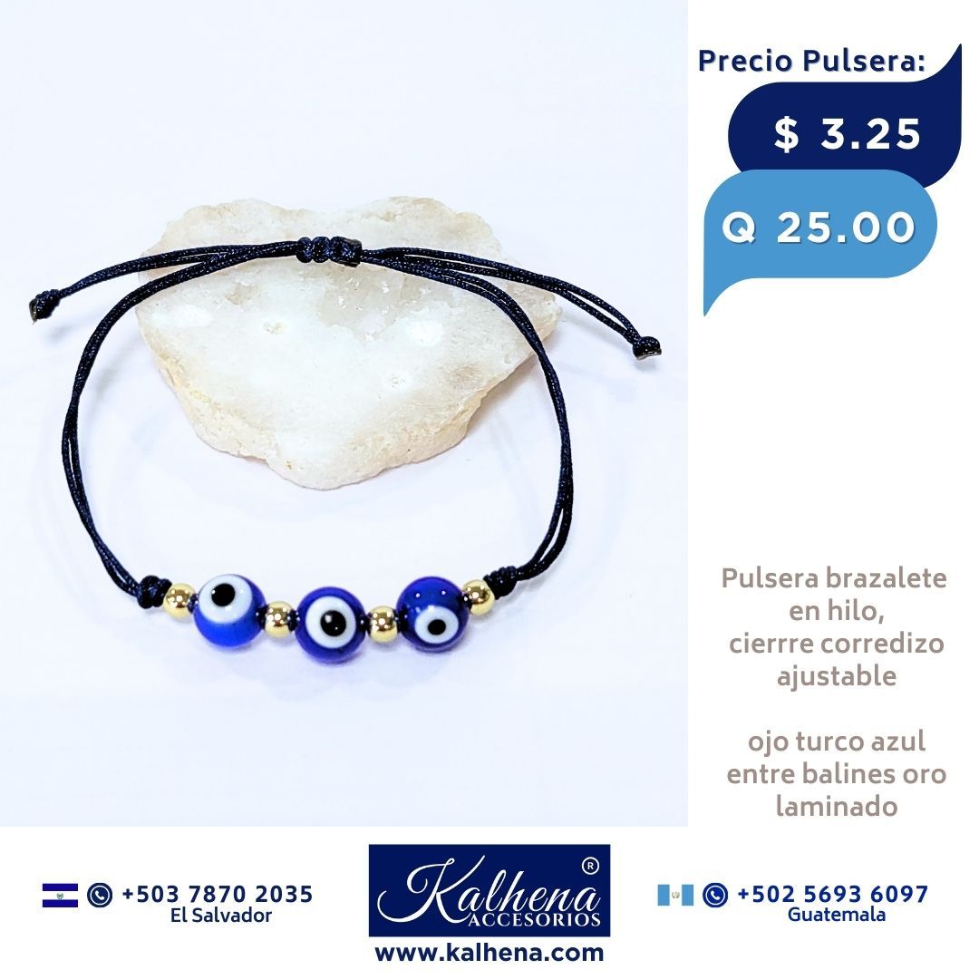 Pulsera brazalete en hilo y ojos turco azules