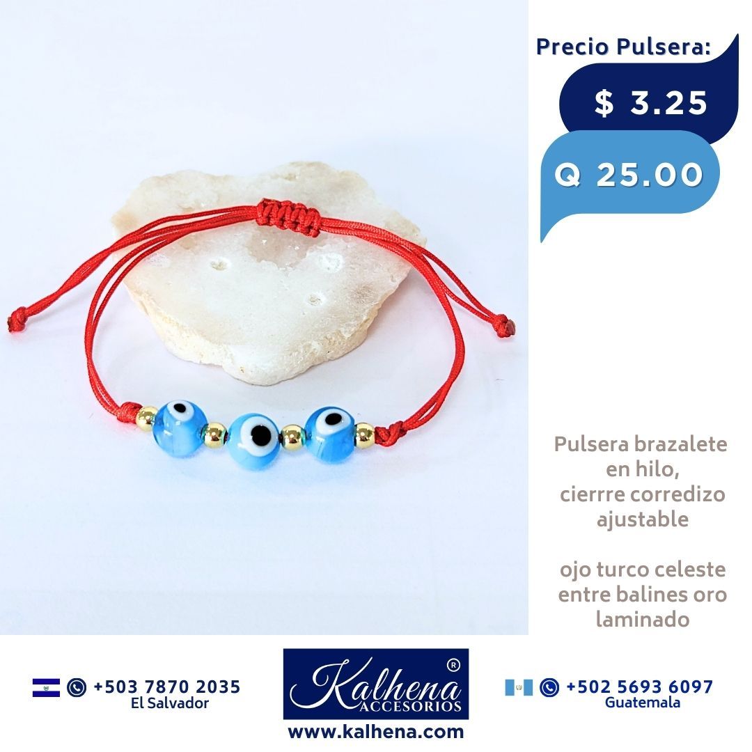 Pulsera brazalete en hilo y ojos turco celestes