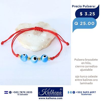Pulsera brazalete en hilo y ojos turco celestes