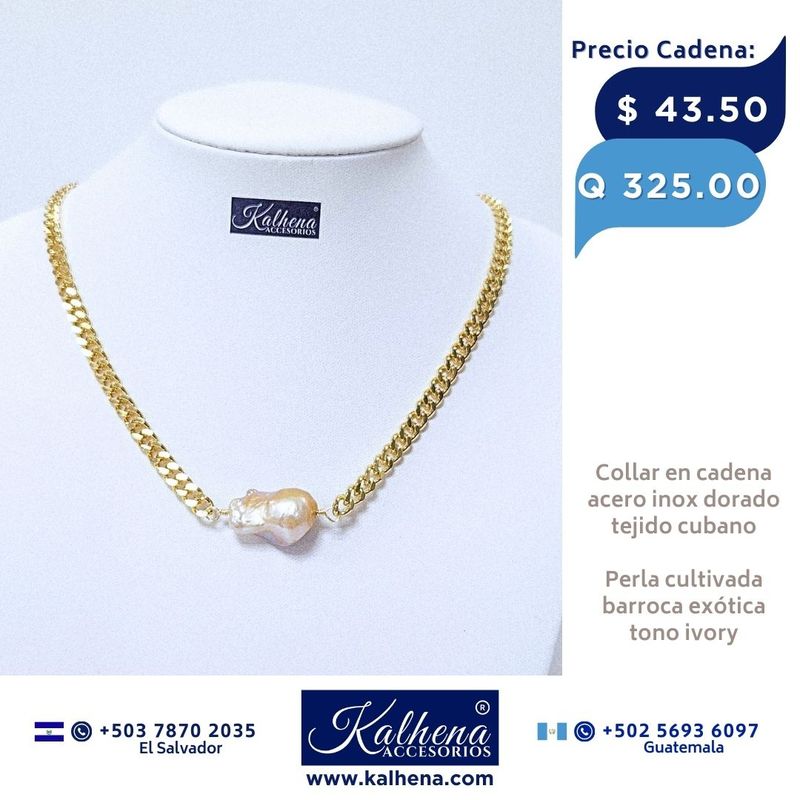 Cadena tejido cubano y perla cultivada barroca exótica ivory Cadena tejido cubano y perla cultivada barroca exótica ivory