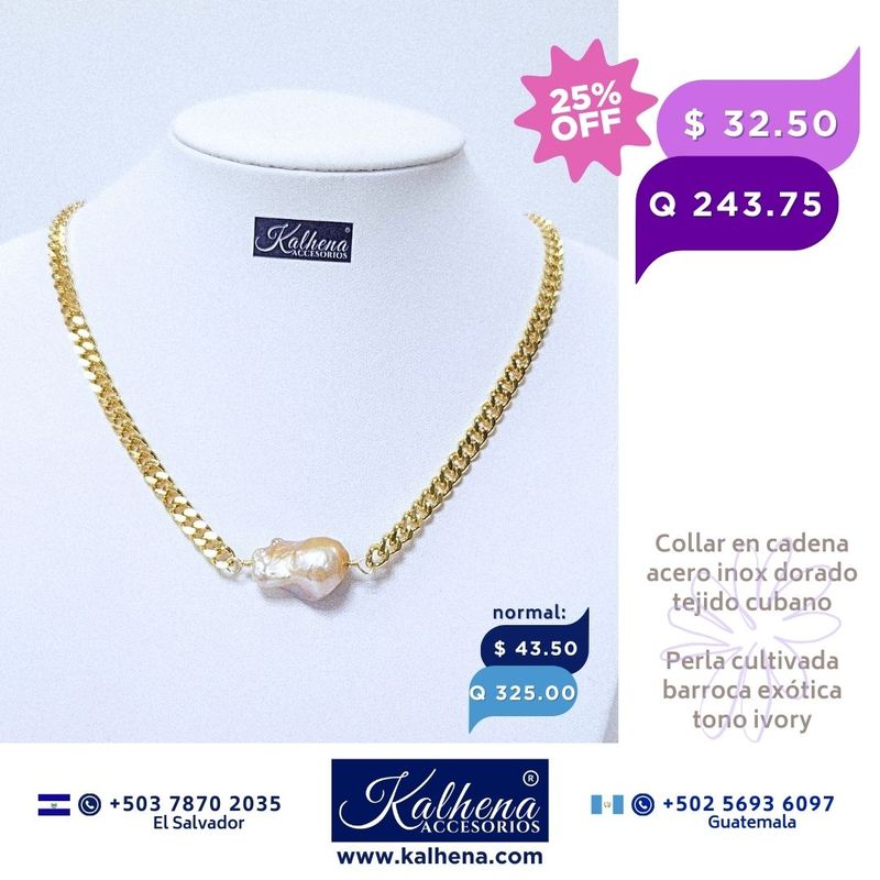 Cadena tejido cubano y perla cultivada barroca exótica ivory Cadena tejido cubano y perla cultivada barroca exótica ivory