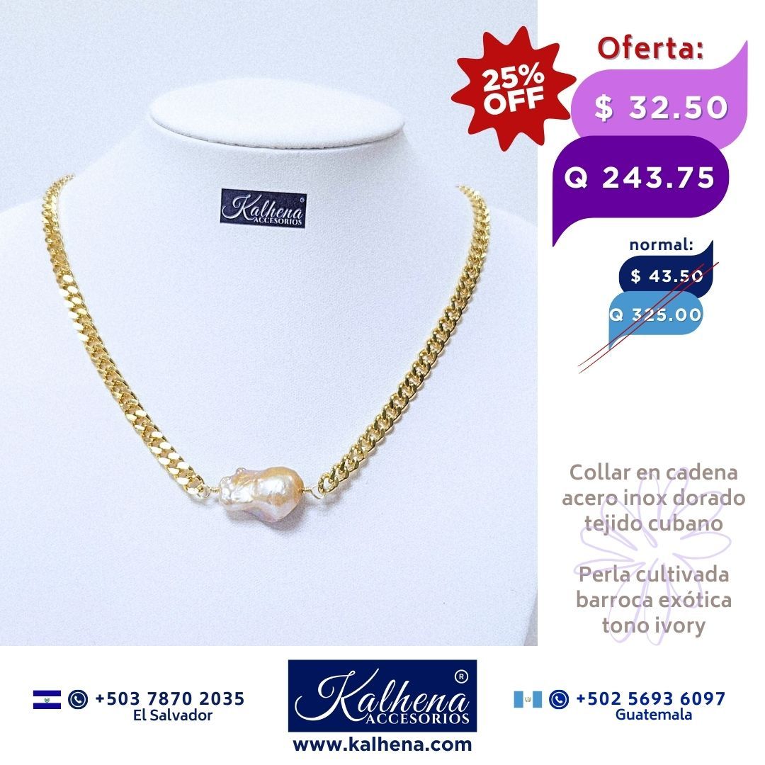 Cadena tejido cubano y perla cultivada barroca exótica  ivory