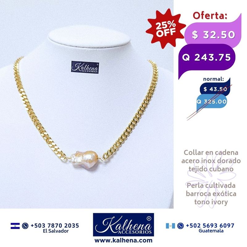 Cadena tejido cubano y perla cultivada barroca exótica ivory Cadena tejido cubano y perla cultivada barroca exótica ivory