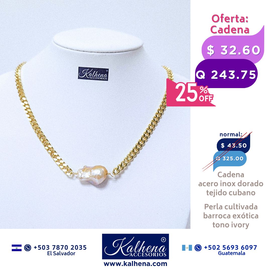 Cadena tejido cubano y perla cultivada barroca exótica  ivory