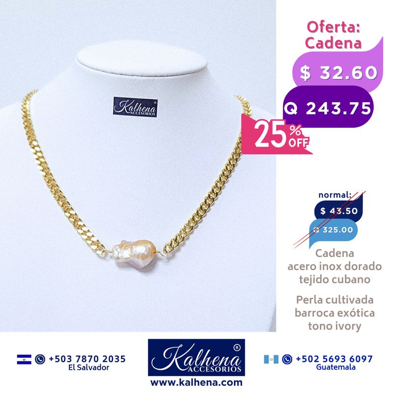 Cadena tejido cubano y perla cultivada barroca exótica  ivory