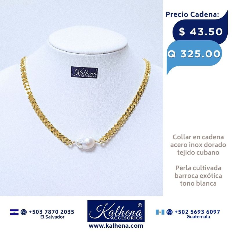 Cadena tejido cubano y perla cultivada barroca exótica blanca Cadena tejido cubano y perla cultivada barroca exótica blanca