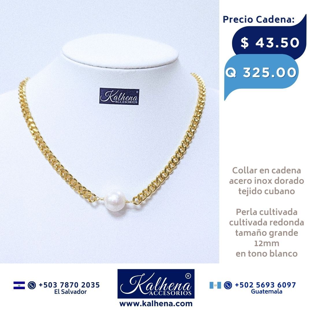 Cadena tejido cubano y perla cultivada redonda grande blanca
