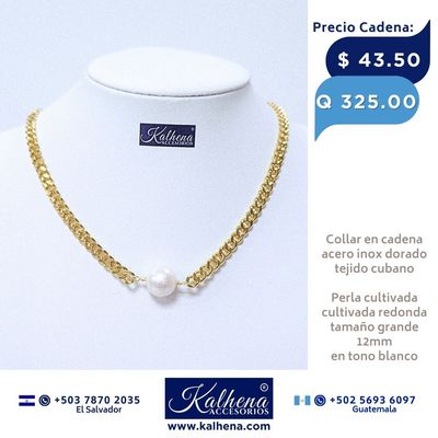 Cadena tejido cubano y perla cultivada redonda grande blanca Cadena tejido cubano y perla cultivada redonda grande blanca