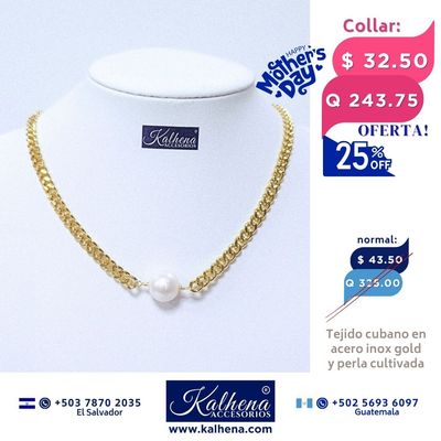 Cadena tejido cubano y perla cultivada redonda grande blanca