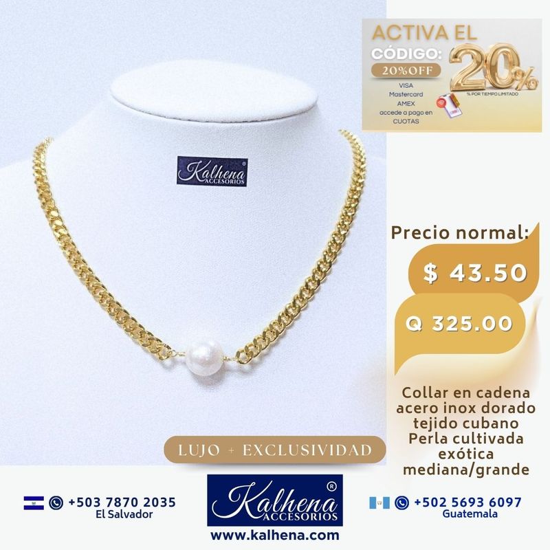 Cadena tejido cubano y perla cultivada redonda grande blanca