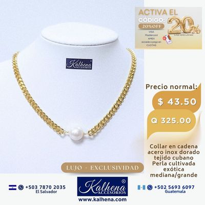 Cadena tejido cubano y perla cultivada redonda grande blanca
