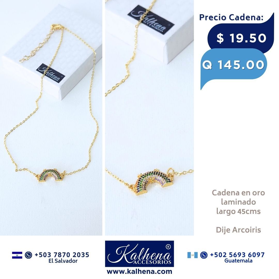 Cadena oro laminado y dije arcoiris con microzirconias