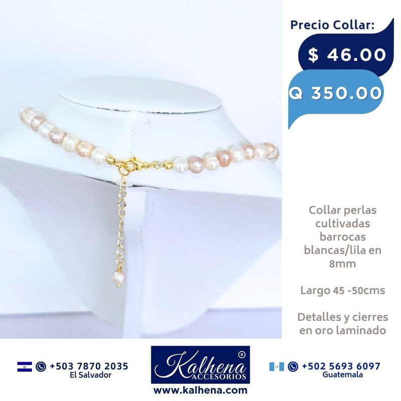 Collar perlas cultivadas barrocas redondas lila/blanco