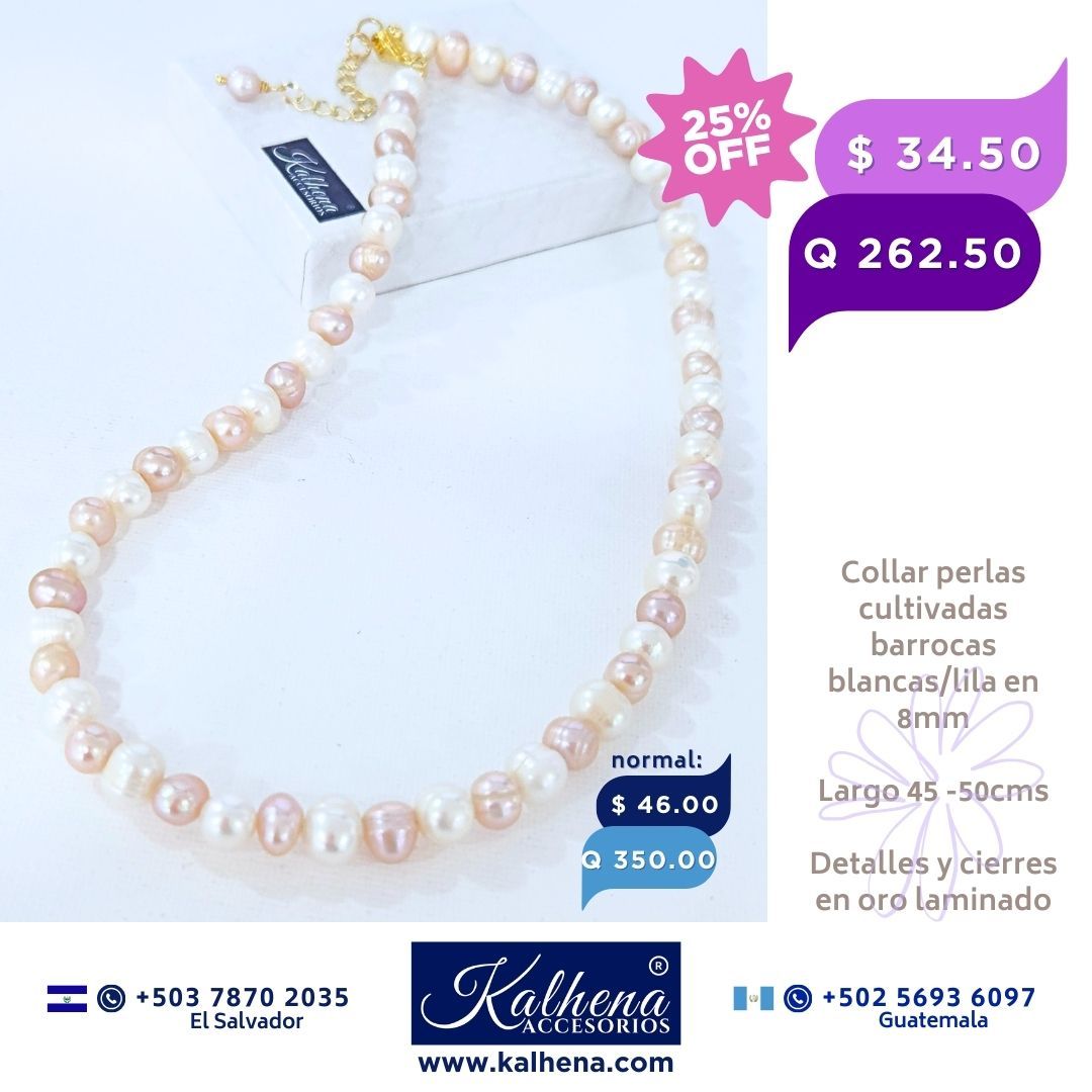 Collar perlas cultivadas barrocas redondas  lila/blanco