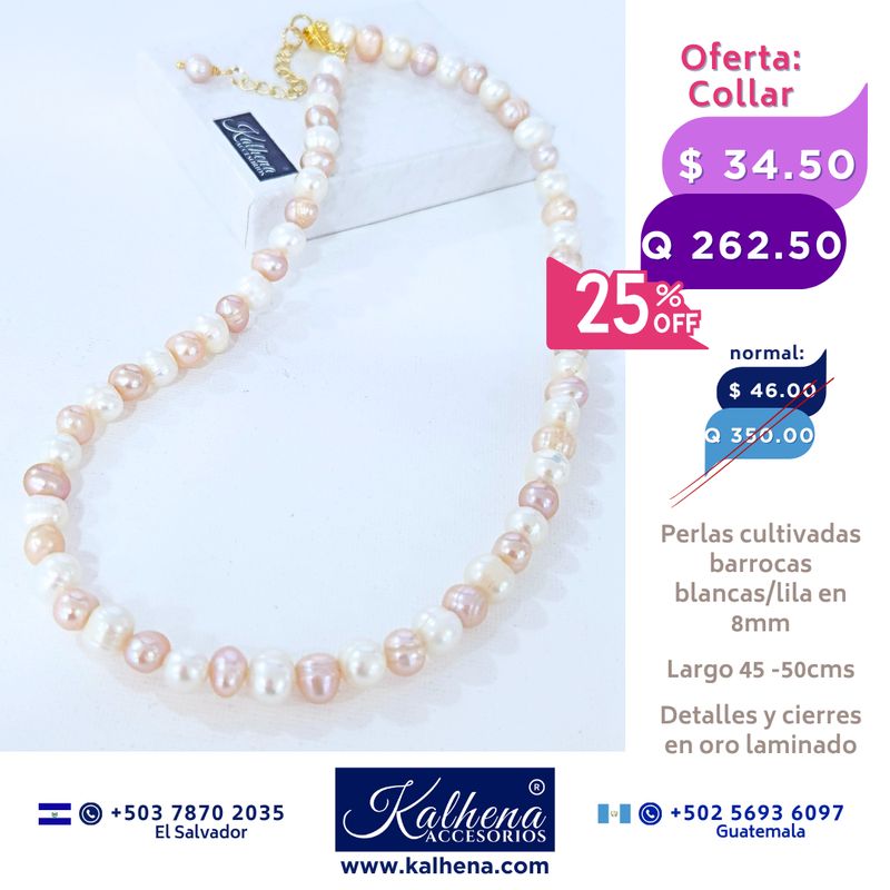 Collar perlas cultivadas barrocas redondas  lila/blanco