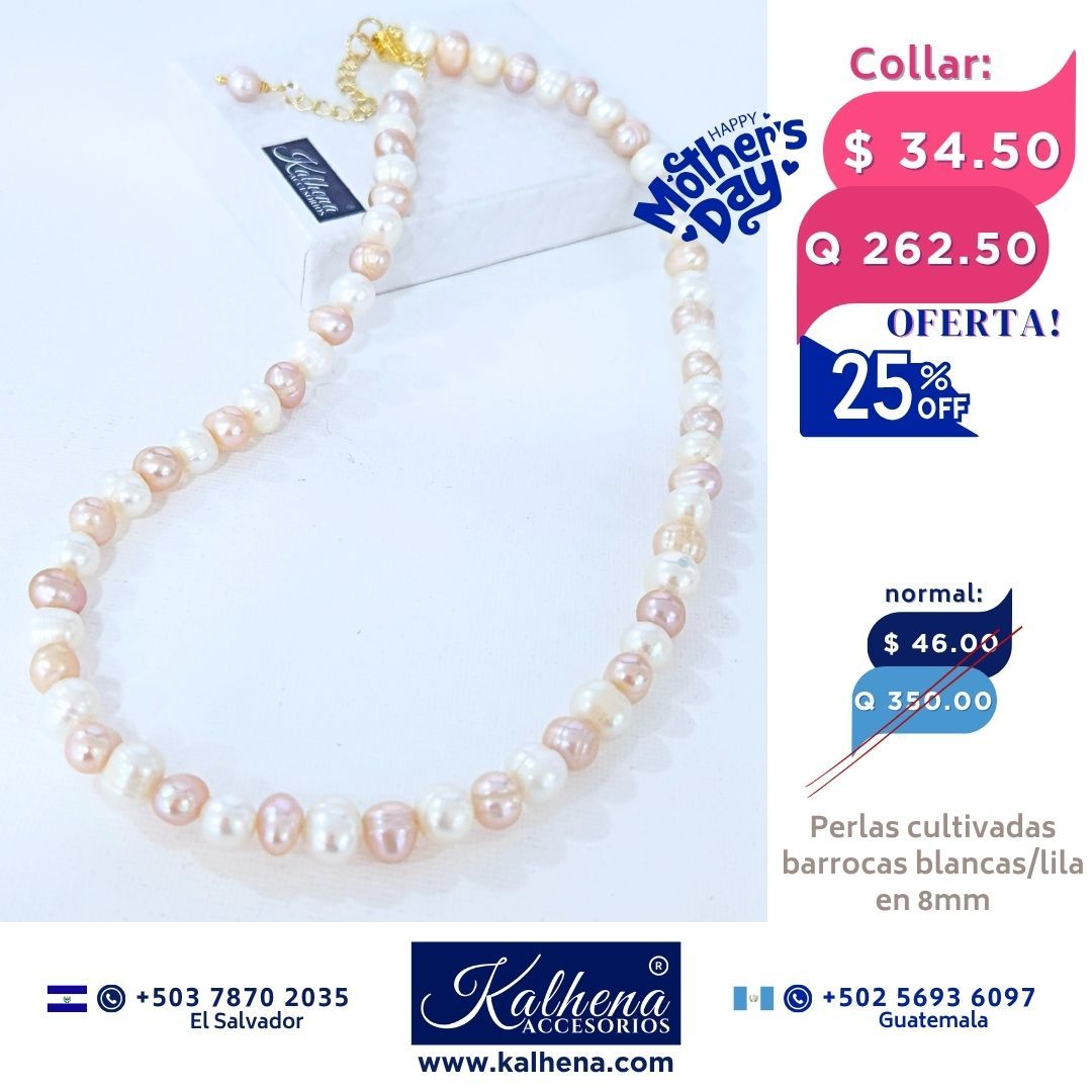 Collar perlas cultivadas barrocas redondas  lila/blanco