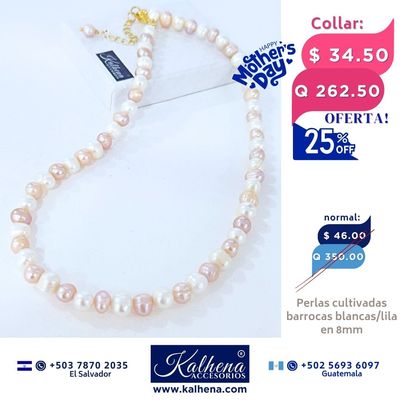 Collar perlas cultivadas barrocas redondas  lila/blanco