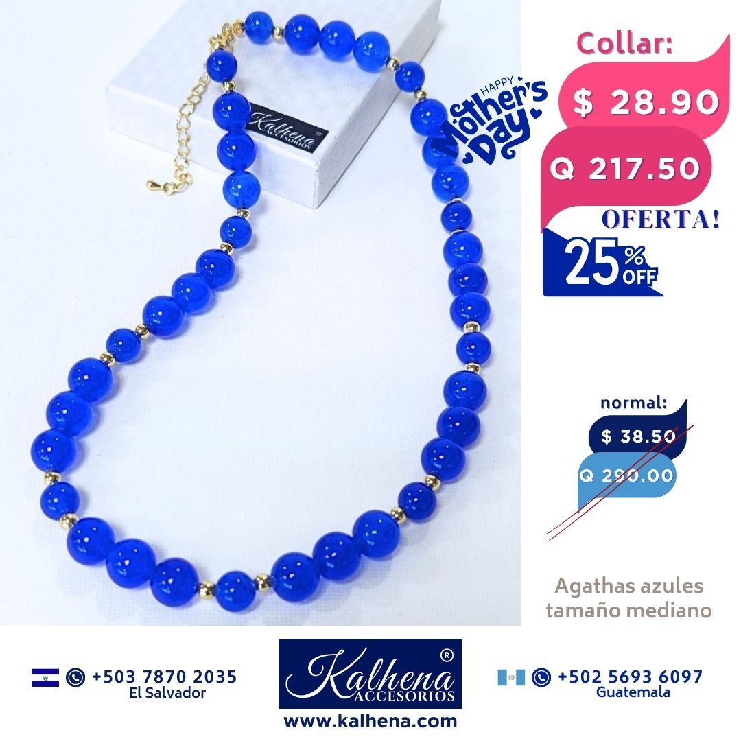Collar ágathas azules entre detalles y cierres oro laminado