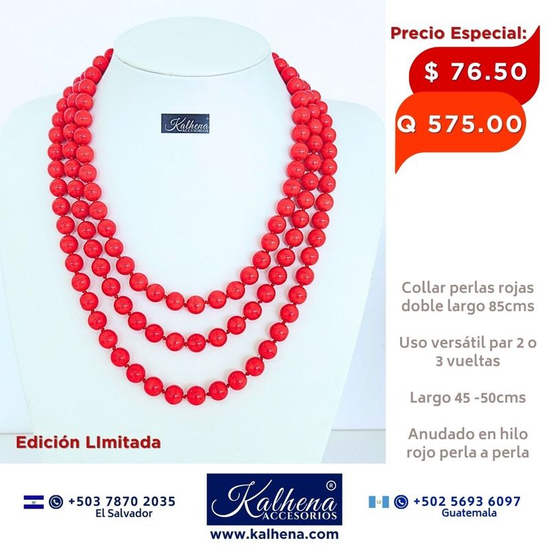 Collar largo anudado perlas rojas para uso a 2 o 3 vueltas