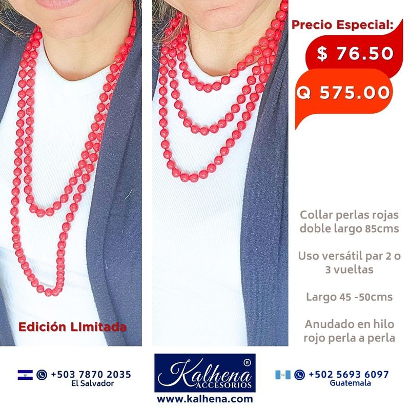 Collar largo anudado perlas rojas para uso a 2 o 3 vueltas