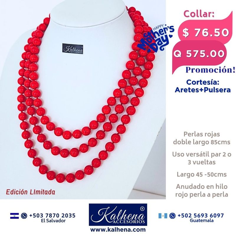 Collar largo anudado perlas rojas para uso a 2 o 3 vueltas